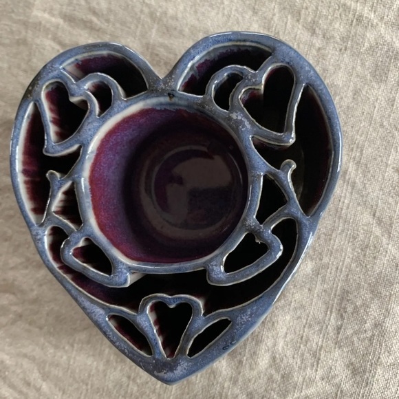 BAY POTTERY Heart Candle Pot Purple and Blue Drip Glaze Handcrafted In USA - Picture 2 of 4